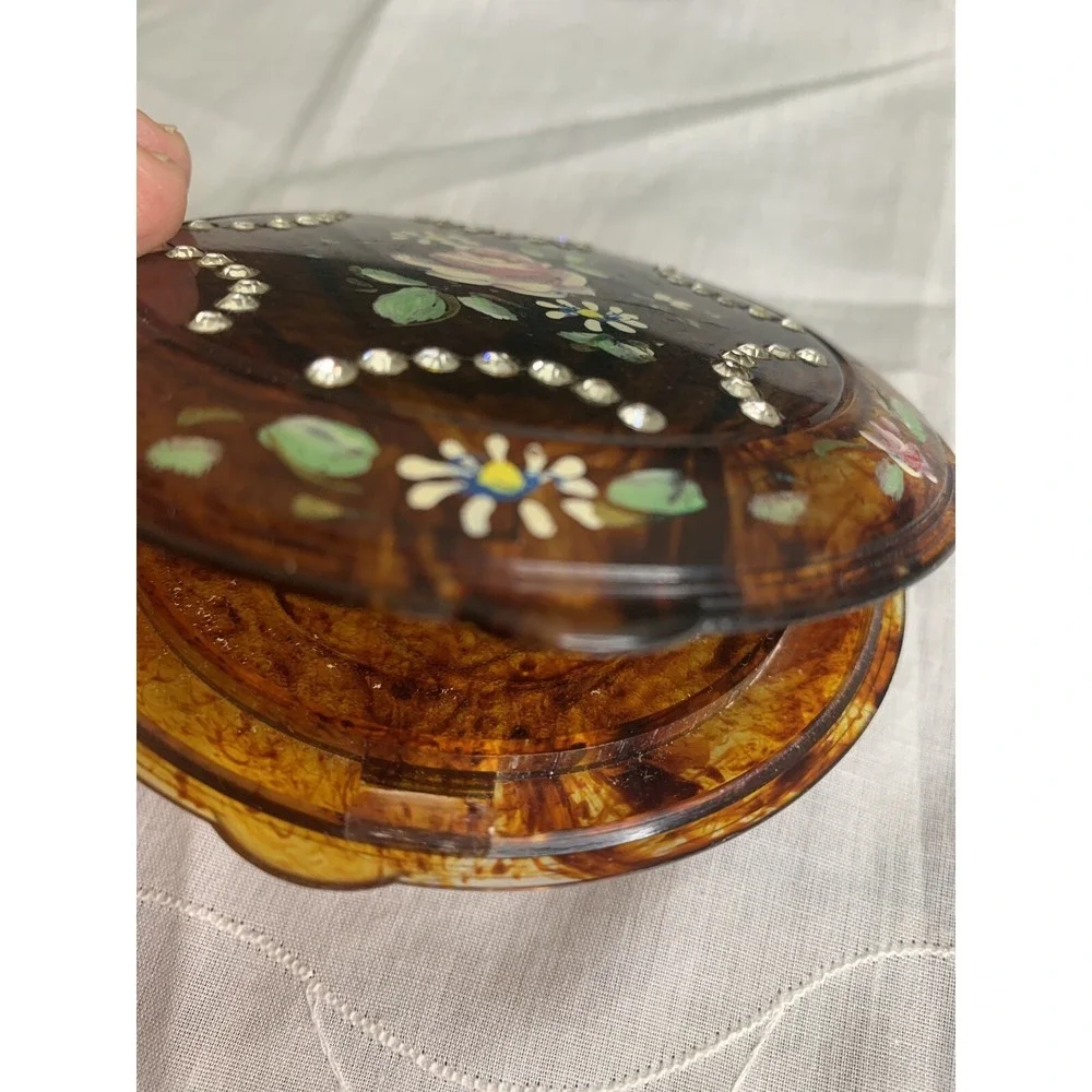 Lucite Mirrored Compact Case Vtg Mavco Rhinestone Hand-painted Floral Tortoise